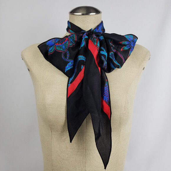Vintage Black & Red Flower Print Scarf - Picture 1 of 5